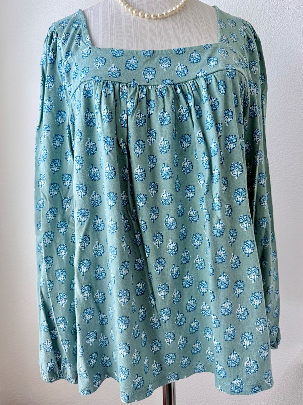 Lucky Brand Green Floral Knit Peasant Blouse Square Neck Long Sleeve Large EUC